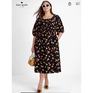 Kate Spade Sz XXL Tulip Toss Riviera Smocked Midi Dress Black Floral Puff Sleeve